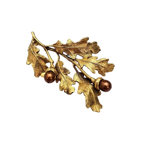 MMA Oak Leaf, Acorn Brooch Branch Faux Pearl Pin Signed, J735