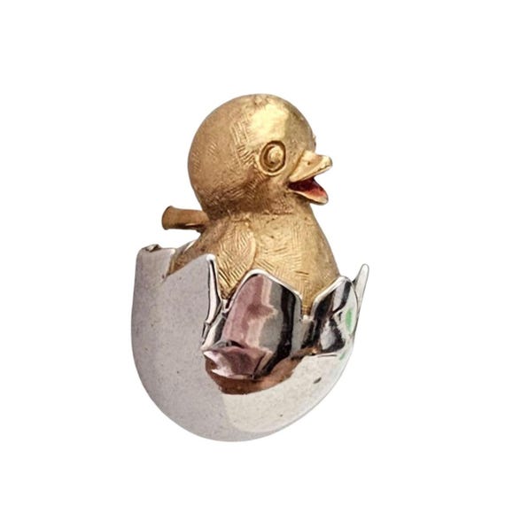 Avon Gold And Silver Tone Chick in Egg Lapel Pin Signed, Tie Tack J23