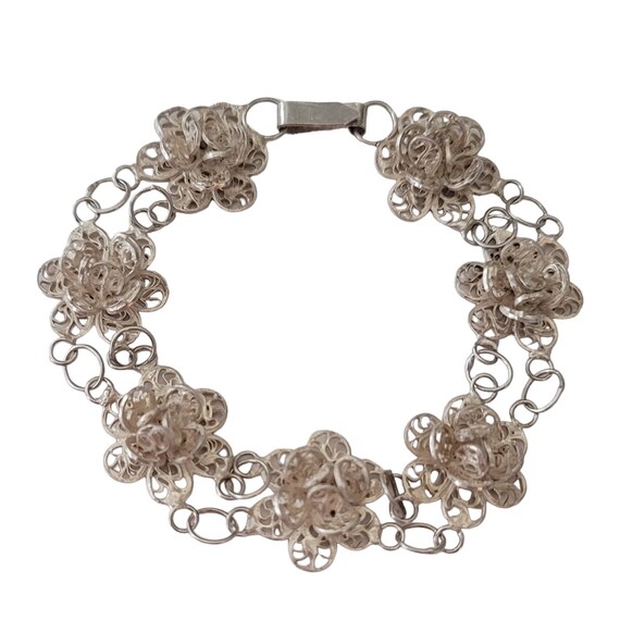 800 Spun Silver Flower Link Chain Bracelet, 8" Long E686
