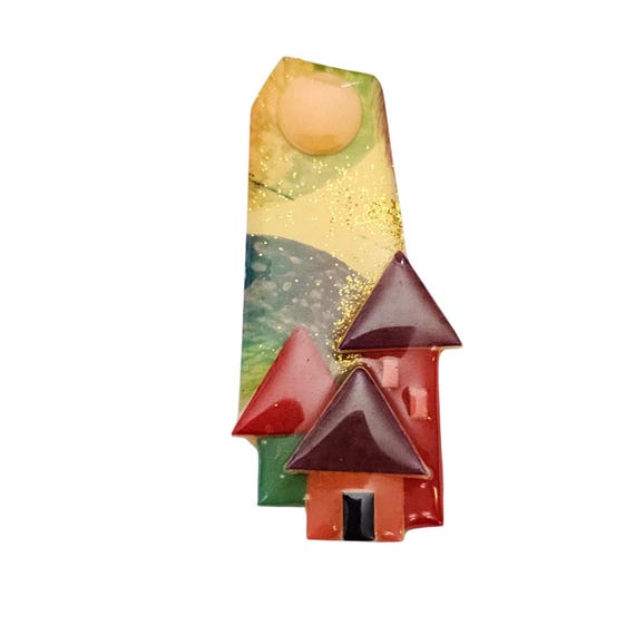 Lucinda Red Orange Green House Sun Pin J716