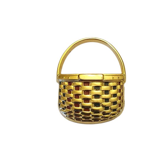 Longaberger Gold Tone Basket Brooch Red Green Enamel Pin, Signed