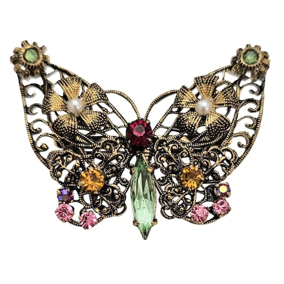 Czechoslovakia Gold Tone Filigree Green Yellow Pink Butterfly Brooch Signed, J6