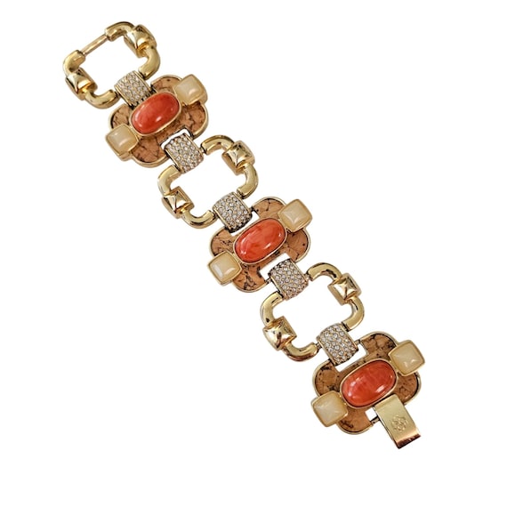 Ann Taylor Faux Coral Cabochon Clear Rhinestone Designer Bracelet 606