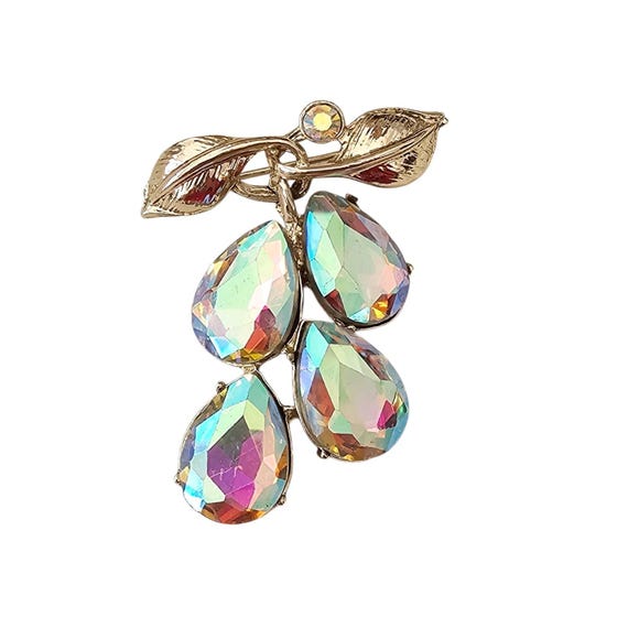 Gold Tone Vintage Leaf AB Pear Rhinestone Dangle Brooch