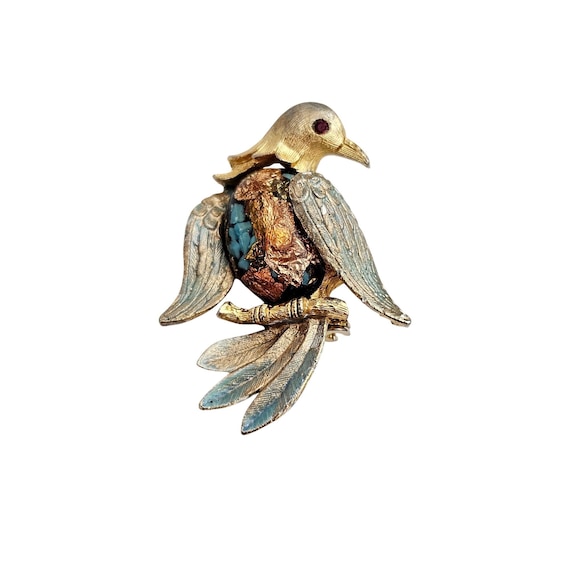 JJ Jonette Blue Foil Art Glass Cab Bird Brooch Blue Pin, Rare Signed C986