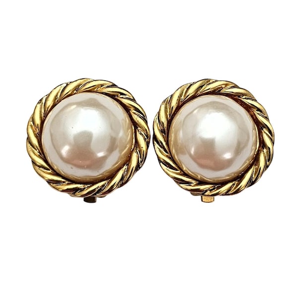 Carolee Faux Pearl Clip-On Gold-Tone Rope Earrings Signed J789