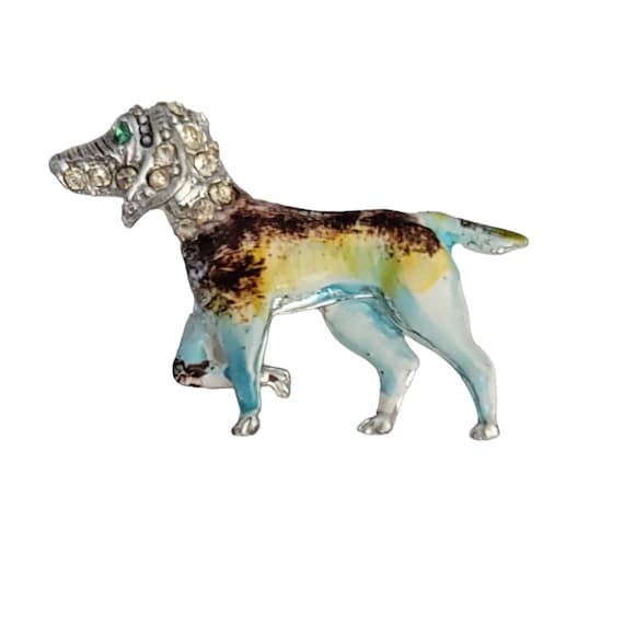 Silver Tone Rhinestone Enamel Dog Brooch Pin M397