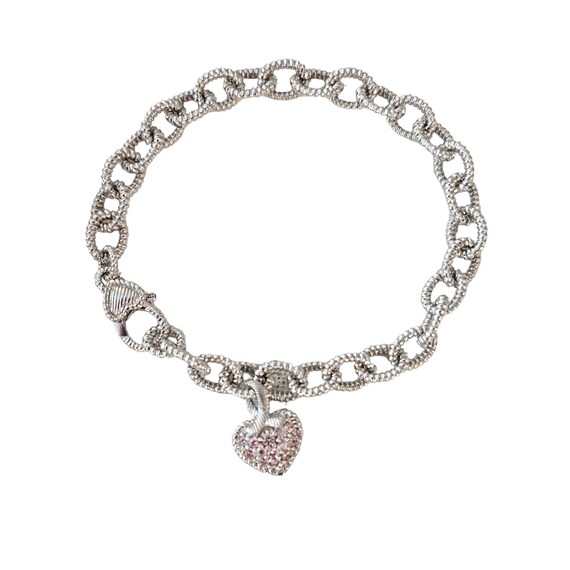Sterling Silver 925 Chunky Ribbed Round Link Pink Crystal Ribbon Heart Charm Bracelet L51