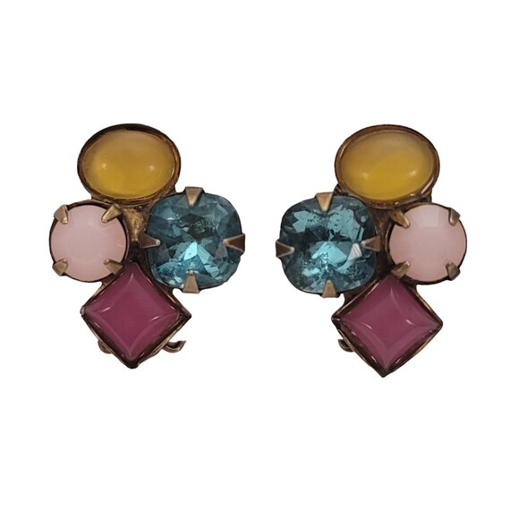 Sorrelli Gold Tone Pink Yellow Blue Glass Cluster Clip-On Earrings, Signed E337