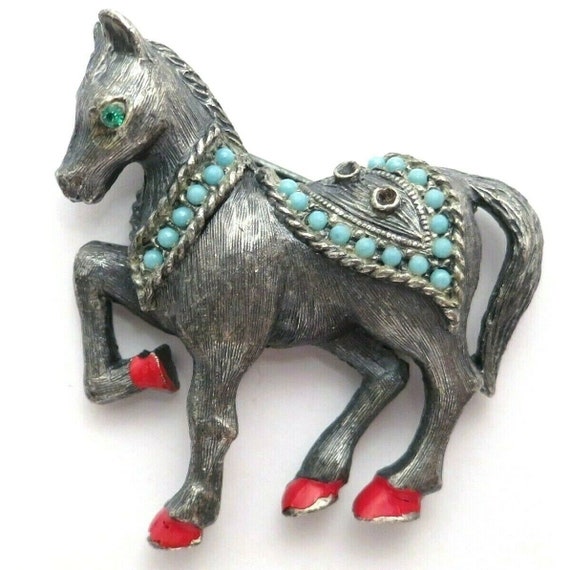 JJ Silvertone, Gunmetal Grey Horse Brooch, Pin, With Green Stones