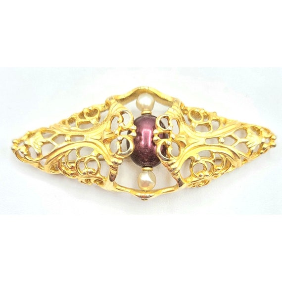 Napier Goldtone Asian Open Scroll Filigree Center Purple White Bead Brooch