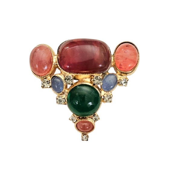 Hattie Carnegie Poured Glass Brooch Pink Green Blue Cabochon Gripoix Pin, Signed L647