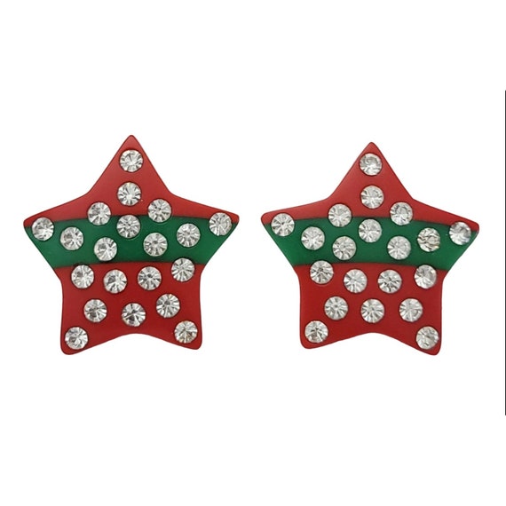 Red Green Lucite Clear Rhinestone Chunky Christmas Star Clip-On Earrings K444
