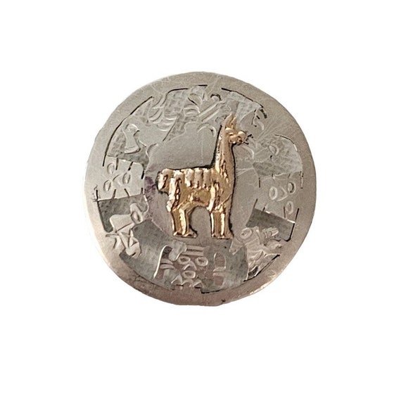 18K Gold & Sterling Silver Llama Round Tribal Mask Brooch Pendant L87