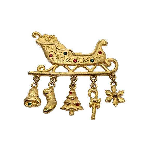 JJ Jonette Jewelry Gold-Tone Santa Sleigh Tree Stocking Charm Dangle Brooch, Signed