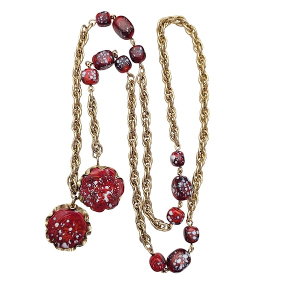Julio Marcella Marner Art Glass Lariat Necklace Rare Red White Sparkles J583