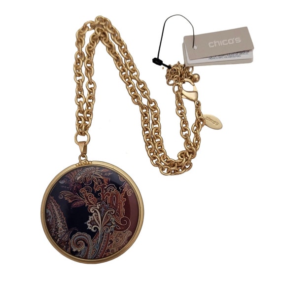 Chicos Paisley Plume Dot Reversible Pendant Gold Tone Chain Necklace 20” L E440