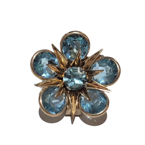 1/20 12K Gold Tone CP Blue Faceted Caged Glass Flower Star Brooch Fob Pendant K974