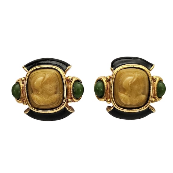 Lazaro Neo Classical Vintage Clip-On Green Cab Glass Cameo Earrings J842