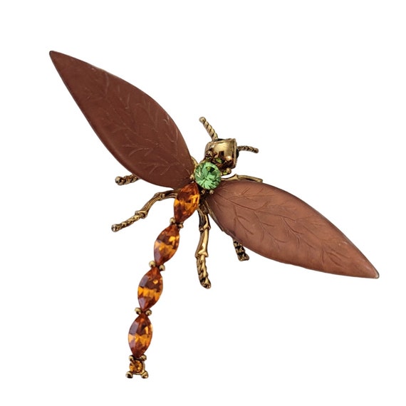 Gold Tone Orange Green Rhinestone Copper Tone Textured Wing Dragonfly Brooch Pin E669