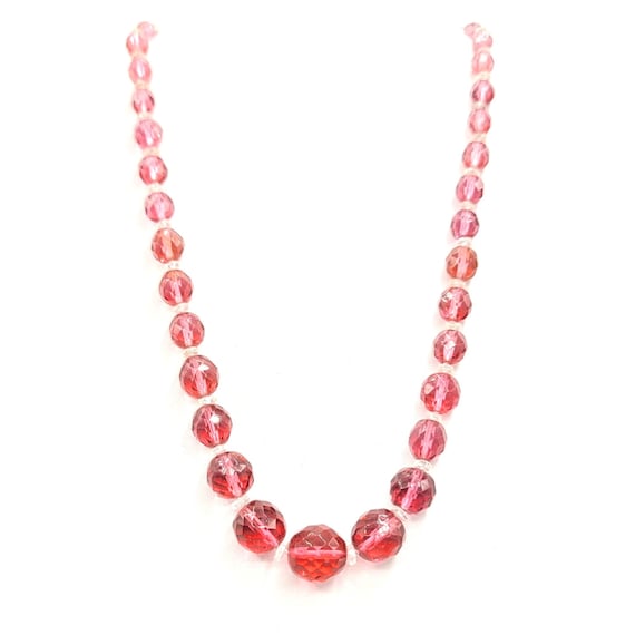 Art Deco Pink Faceted, Clear Glass Knotted Bead Necklace Sterling Silver Tongue Clasp