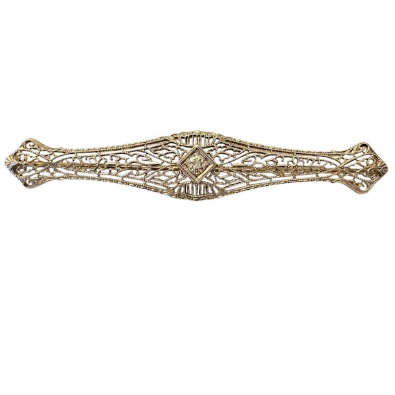 14K White Gold Diamond Art Deco Bar Brooch Filigree Pin