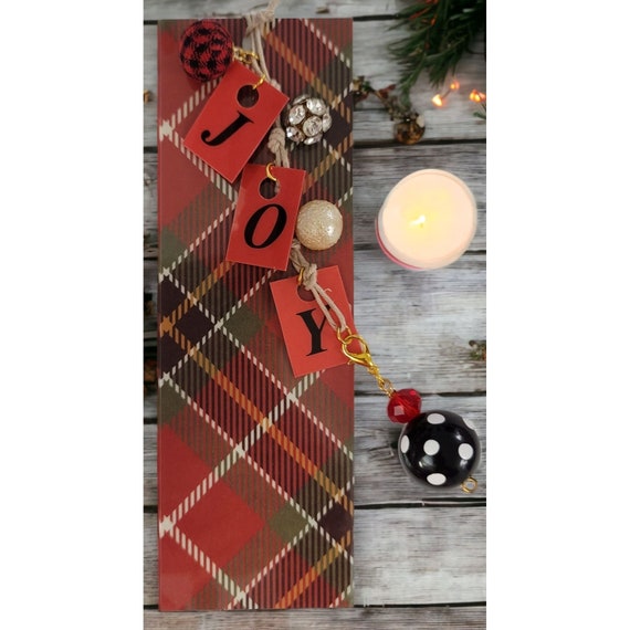 J.O.Y Plaid Red And Green Polka Dot Ball Charm Dangle Bookmark, B21