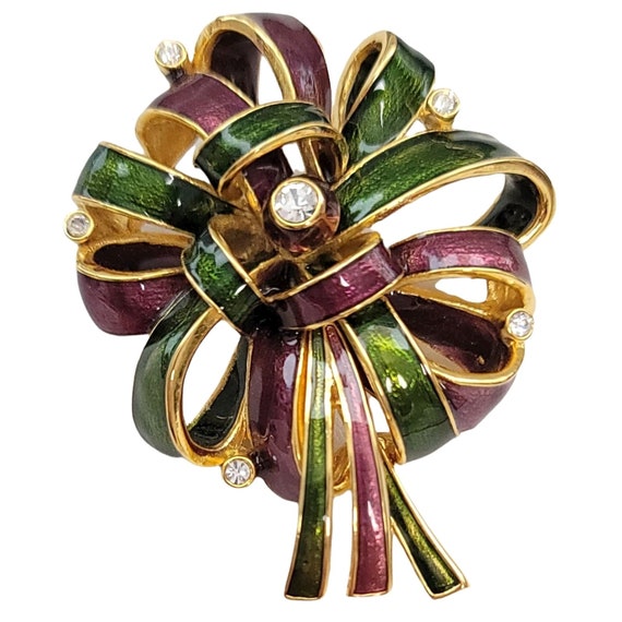 Joan Rivers Gold-Tone, Red And Green Enamel, Clear Rhinestone Sculptural Bow  Brooch