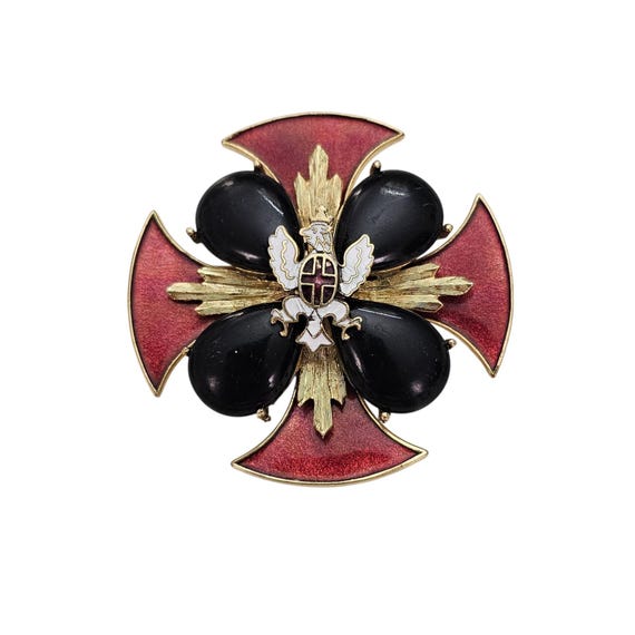 Corocraft Maltese Cross Brooch Red Enamel Black Cabochon Pin, Signed