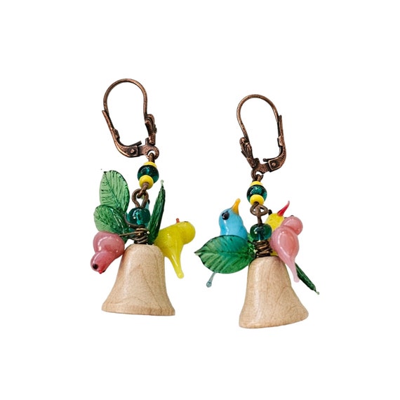 Czech Glass Bird Wood Bell Lever Back Earrings L226