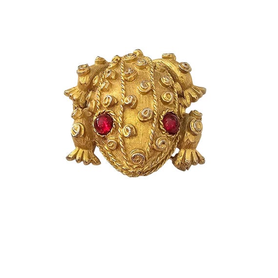 Gold Tone Vintage Frog Brooch Red Glass Cab Eye Pin J327