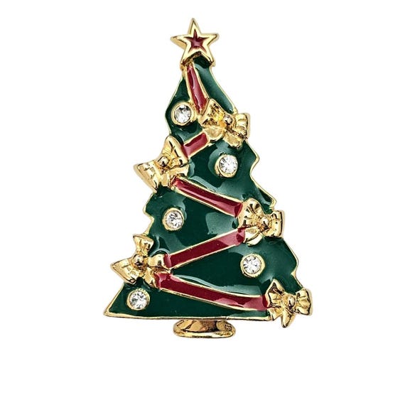 Christmas Tree Brooch Green Red Enamel Clear Rhinestone Pin L592