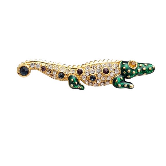 Alligator Brooch Multi Color Clear Rhinestone Green Enamel Pin J398