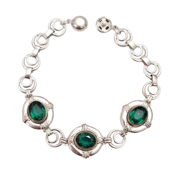 Silver Tone Green Faceted Bezel Set Oval Link Mid Century Circle Chain Bracelet E187