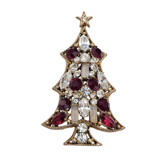 Regency Gold Tone Red Clear Rhinestone Christmas Tree Brooch Signed, J5