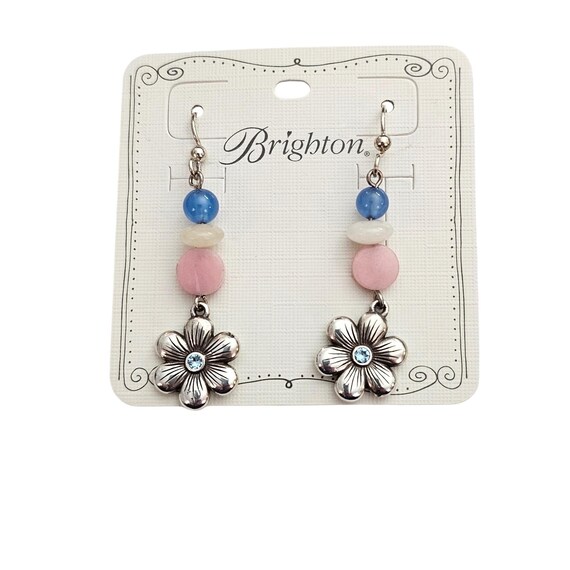 Brighton Florette Blue Rhinestone Flower Dangle Hook Earrings, New C979