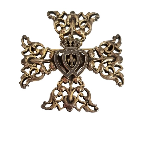 Accessocraft NYC Gold Tone Heart Crown Maltese Cross Brooch, Signed
