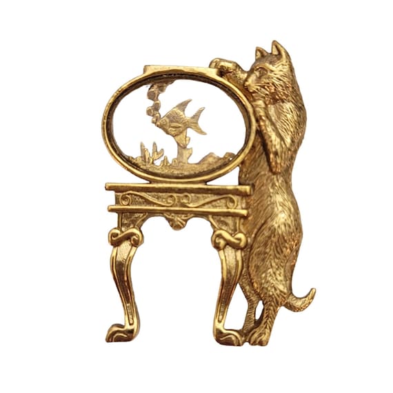 1928 Brand Gold Tone Cat And Fish Bowl Jelly Style Brooch Pin E256