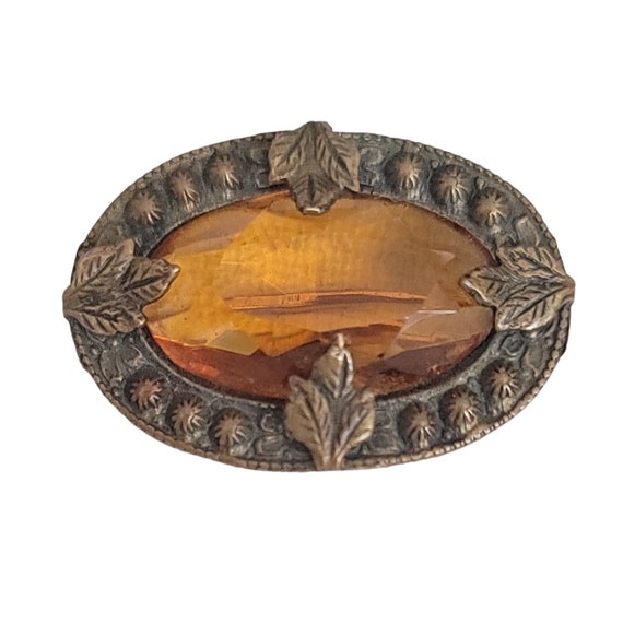 Vintage Gold Tone Topaz Yellow Faceted Leaf Prong Oval Brooch Pin K811
