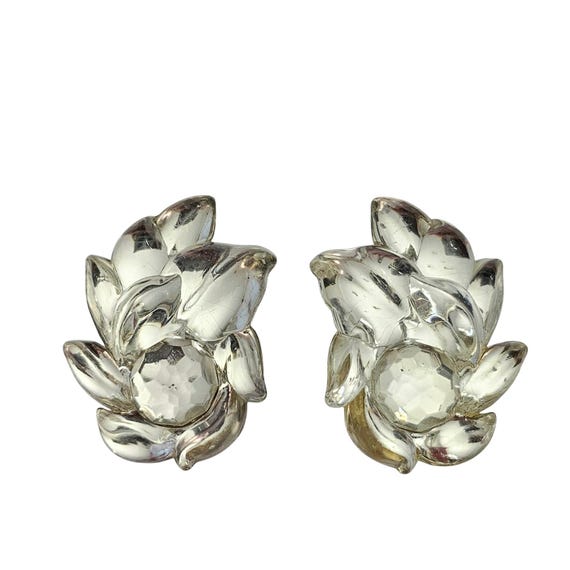 Clear Lucite Vintage Flower Clip On Foil Back Earrings C935
