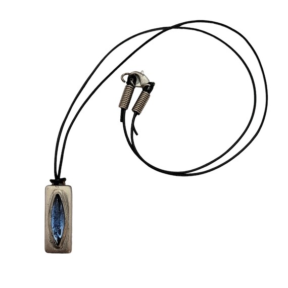 Jorgen Jensen Denmark 280 Pewter Blue Glass Pewter Rectangle Pendant Leather Cord Necklace, Signed E123
