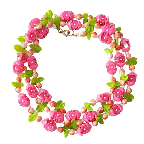 Pink Plastic Cap Flowers, Leaf Bead Necklace, 50” Long E300
