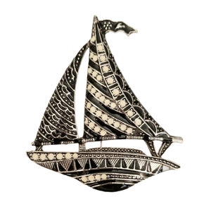 Black White Enamel Silver Tone  Statement Sailboat Pin Brooch