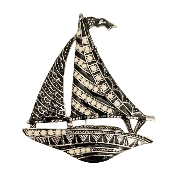Black White Enamel Silver Tone  Statement Sailboat Pin Brooch