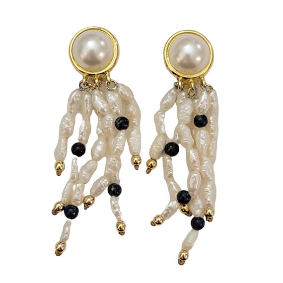 Gold Tone Rice Pearl Lapis Beads Dangle Clip-On Earrings, K873