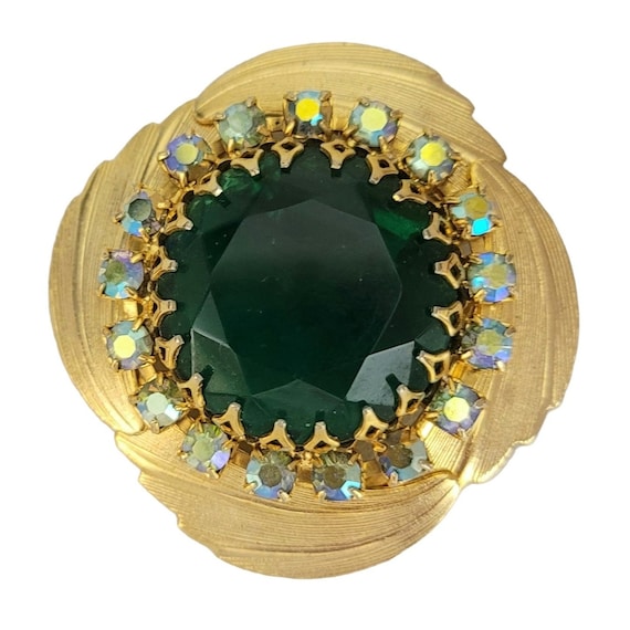 Gold Tone AB Rhinestone Green Chunky Center Flower Brooch