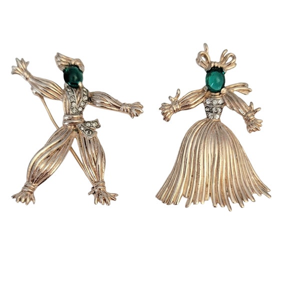 Trifari Alfred Phillipe Sterling Silver Gold Vermeil Rhinestone Green Face Cab Pom Pom Brooch Set, Signed M150