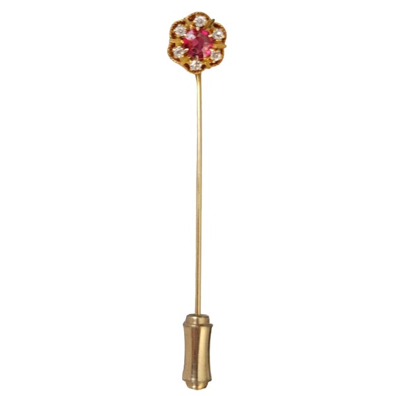10k Yellow Gold Red Rhinestone Flower Stick Lapel Pin, M146