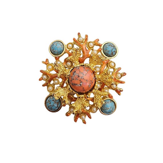 Graziano Faux Pearl Turquoise Coral Brooch Pin Signed, C974