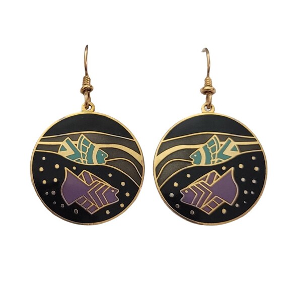 Laurel Burch Purple Green Black Enamel Tropical Fish French Hook Earrings, Signed K895
